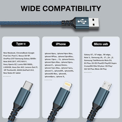 GIANAC Multi USB Cable, Mobile Phone Charging Cable 1.2 m, Universal Charging Cable, Charging Cable, 3-in-1 Fast Charging Cable, Multiple Charging Cable with Micro USB Type C Lightning Cable